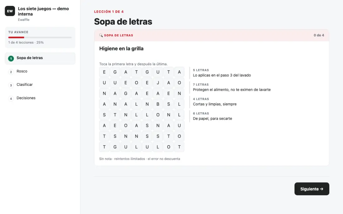 Actividad de sopa de letras dentro de un curso, con las pistas al costado y el contador de aciertos