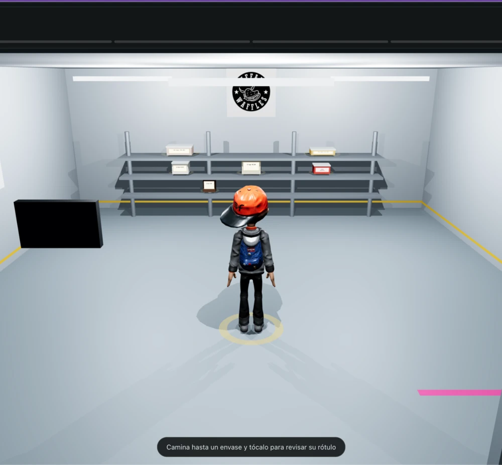 Cámara de refrigeración de Buffalo Waffles en 3D, con el personaje de pie frente a las repisas de insumos rotulados