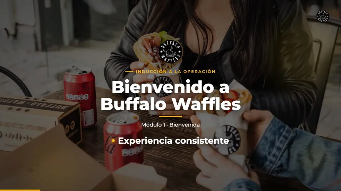 Fotograma del módulo de inducción de Buffalo Waffles: título sobre una escena de local con clientes